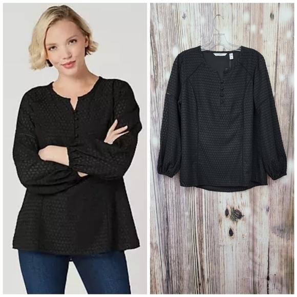 ISAAC Mizrahi Black Ladder Lace Dot Detail Blouse - Picture 1 of 14
